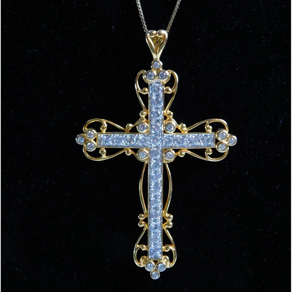 Ross Simons 18K Gold over Sterling Silver Cross Pendant Necklace 925 CZ